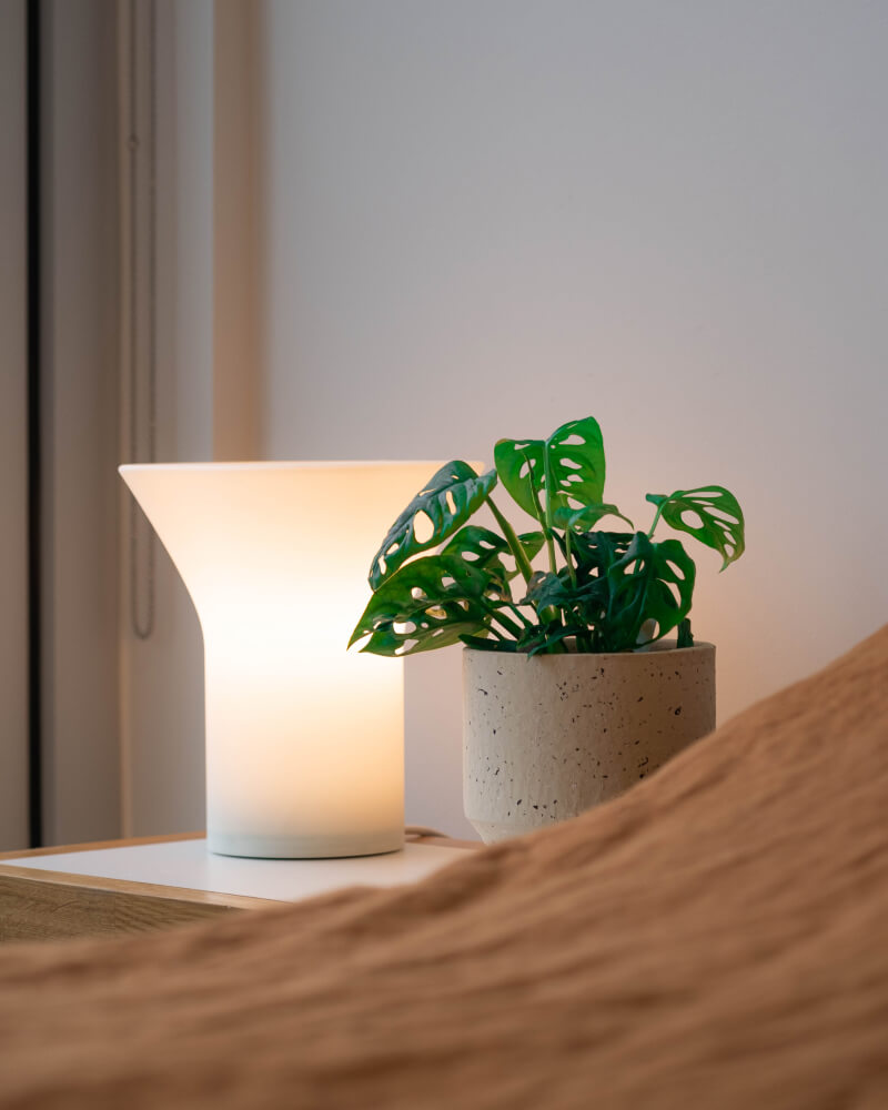 Warm translucent table lamp beside a speckled stoneware planter on an oak bedside surface