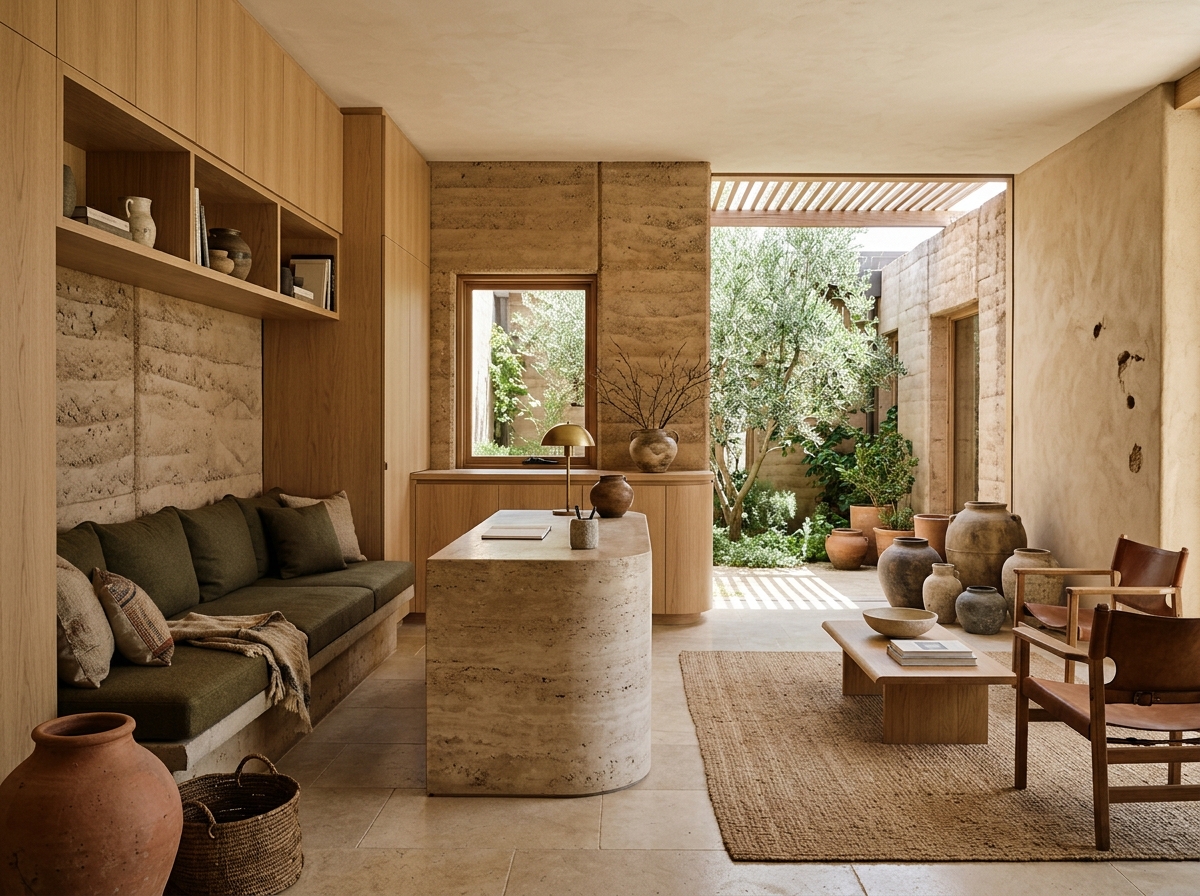 Boutique guesthouse lounge with rammed earth walls, olive wool bench cushions, travertine reception plinth, and oak joinery
