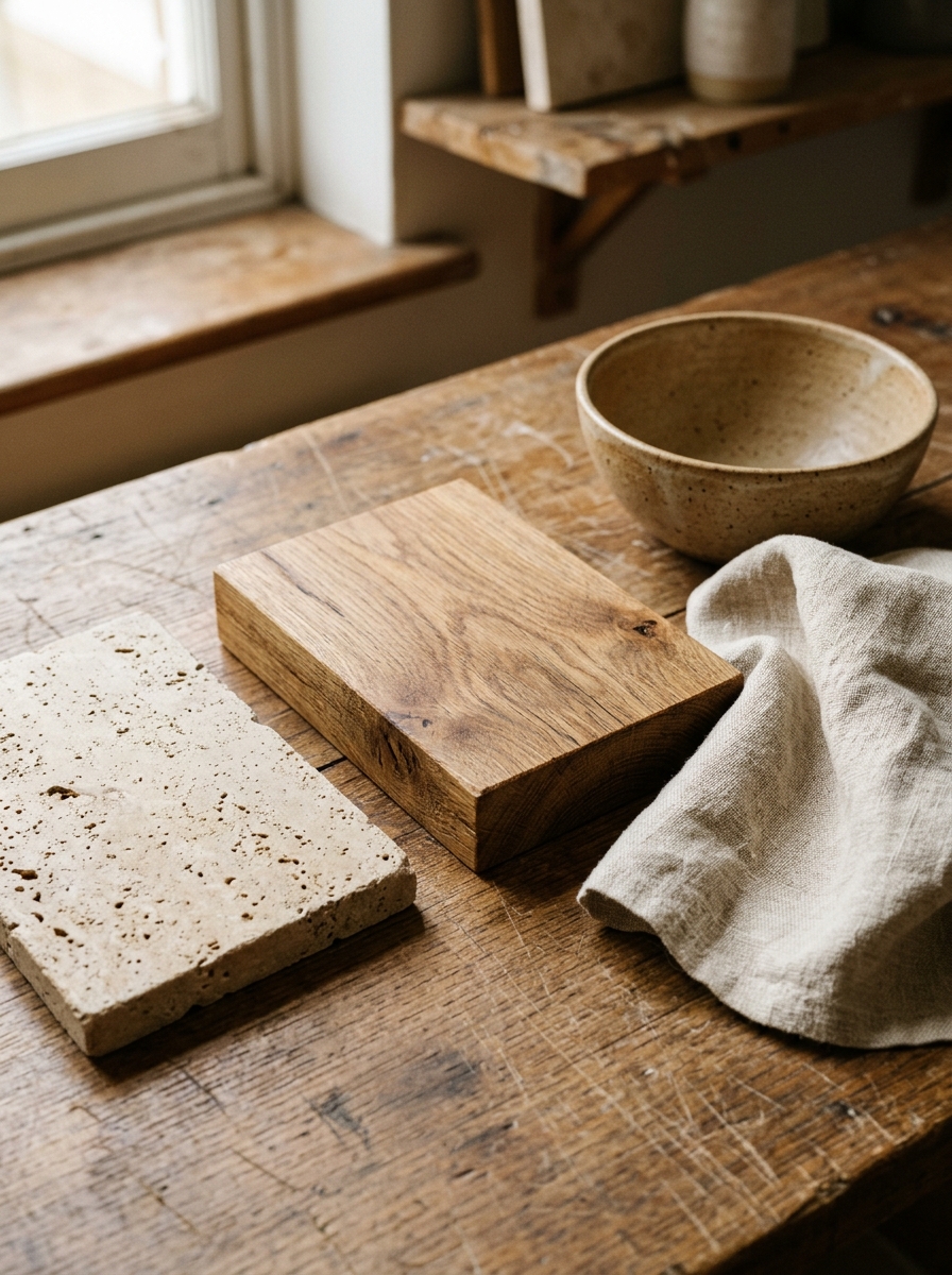Tactile studio palette of oiled white oak timber, porous travertine stone, raw linen cloth, and stoneware vessel