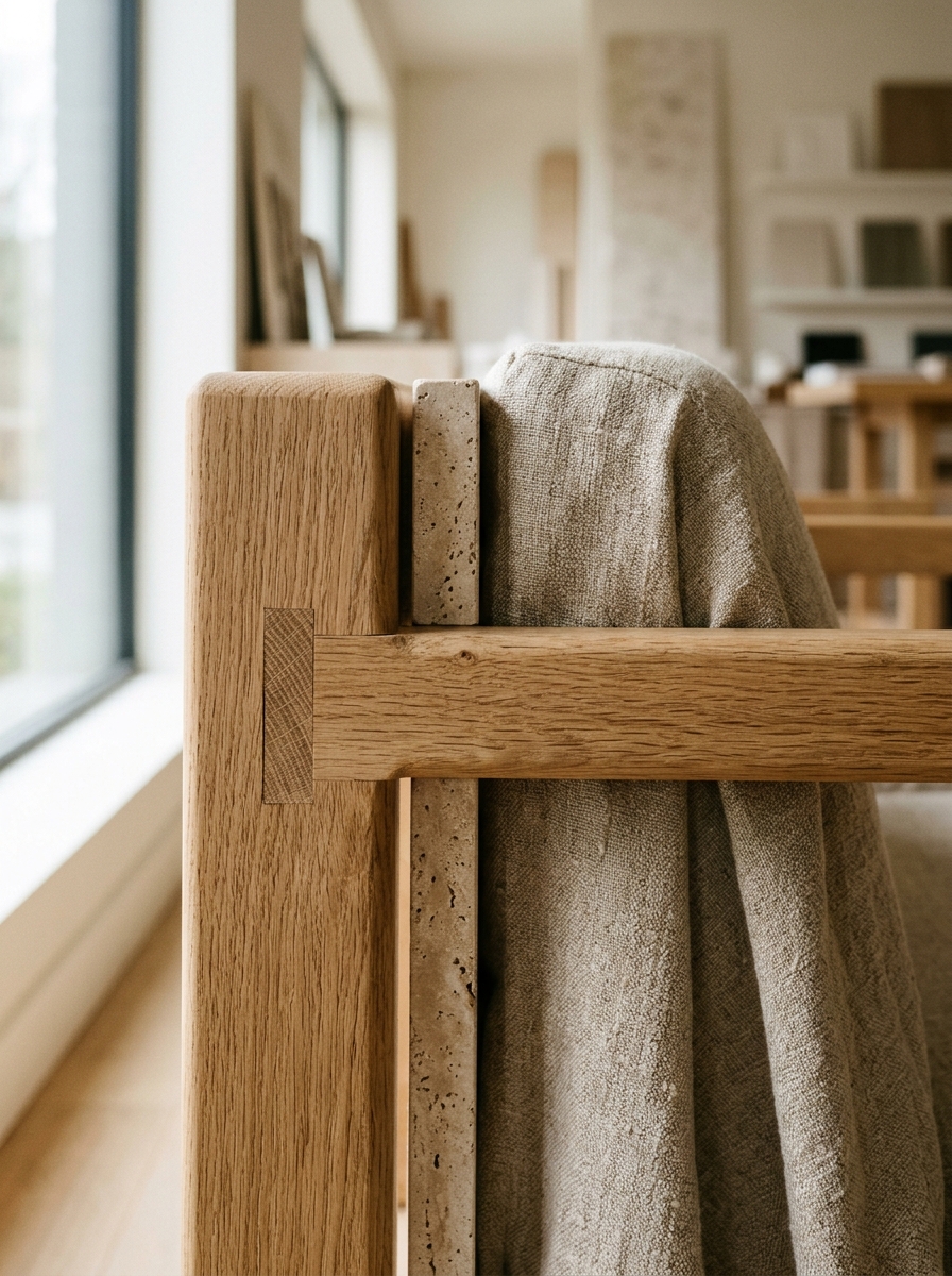 Precision mortise-and-tenon solid white oak timber joinery abutting a honed travertine slab and linen fabric