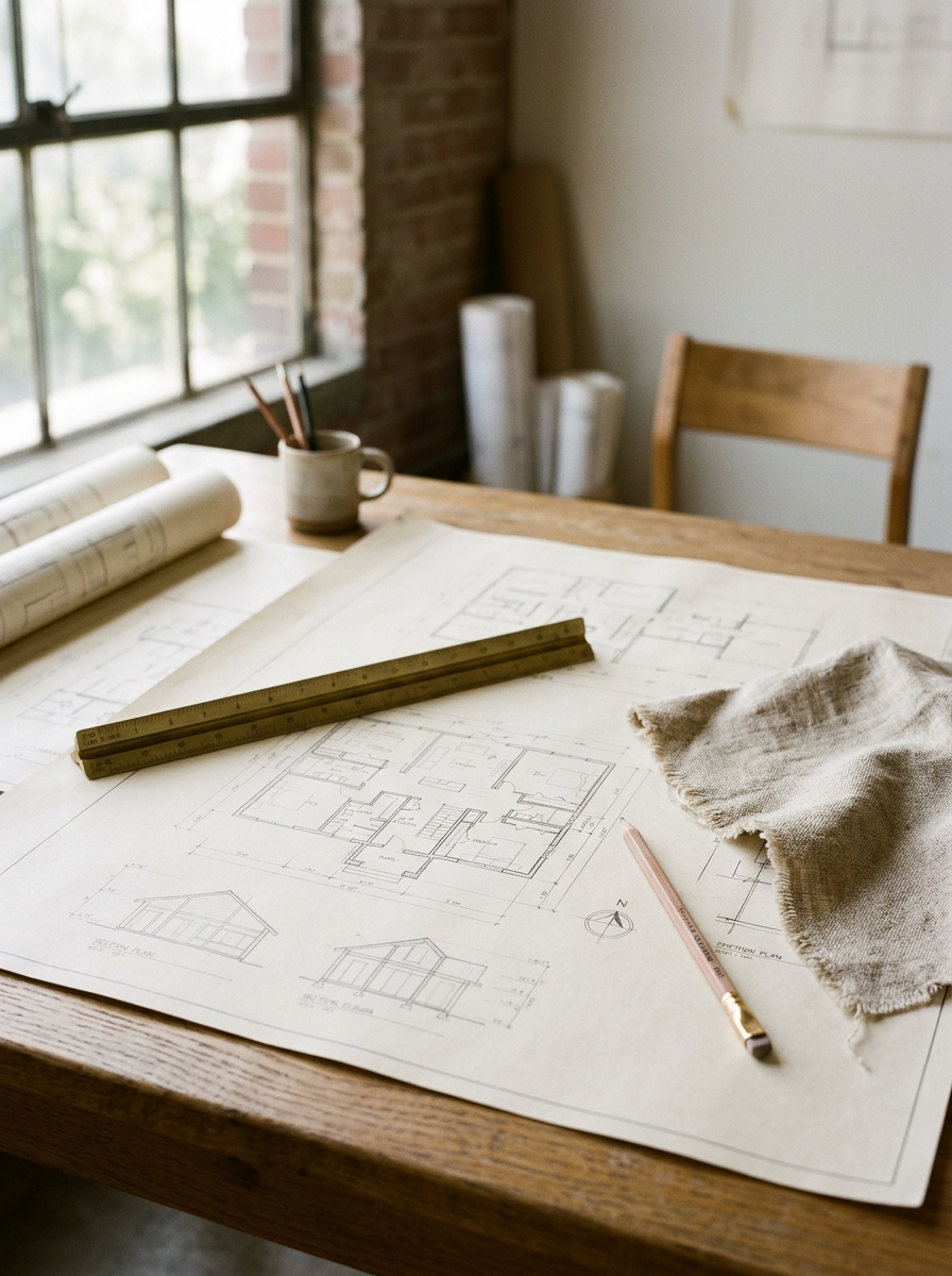 Architectural floor plans, elevation drawings, brass scale ruler, and drafting pencil on a timber worktable