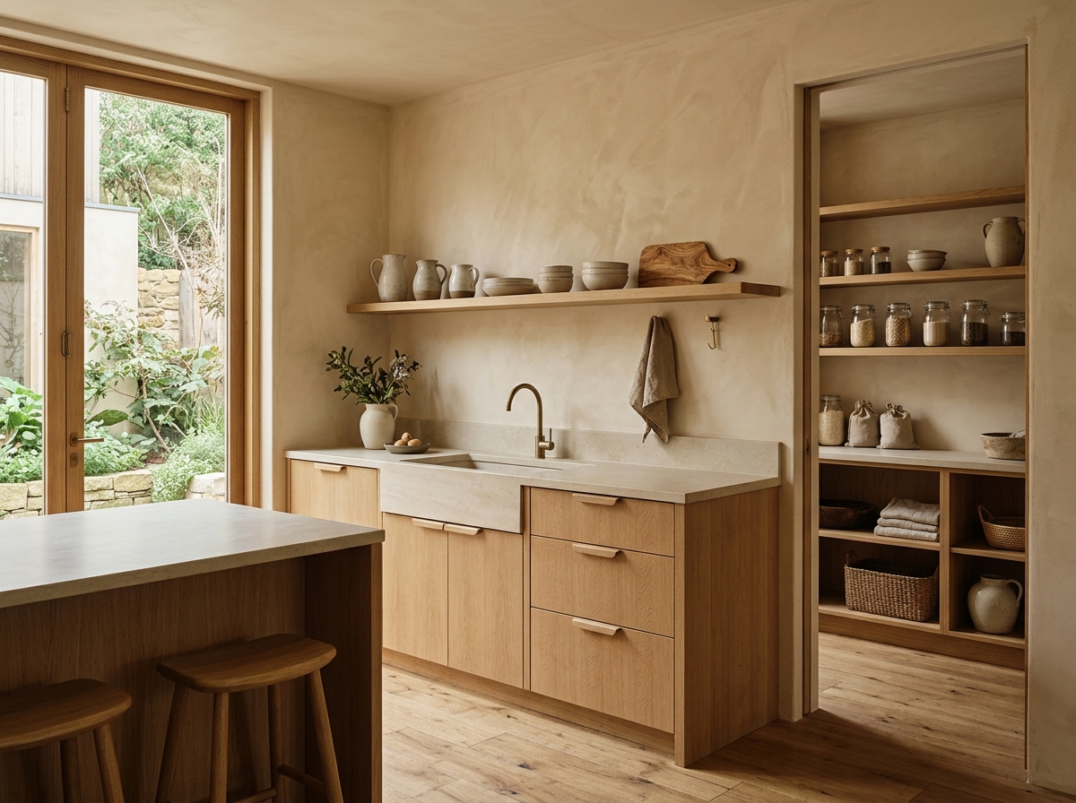 Minimalist oak and limestone kitchen with open shelf ceramics and walk-in pantry